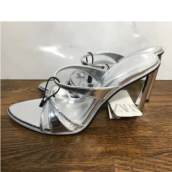Zara Silver Metallic Strappy Slip On Heels US 7.5 / EUR 38 - Picture 8 of 14
